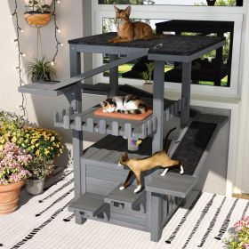 4 Tiers Outdoor Cat House Weatherproof Cat Tree Tower with Waterproof Roof and 2 Doors , Feral Cat Shelter Outside Enclosure